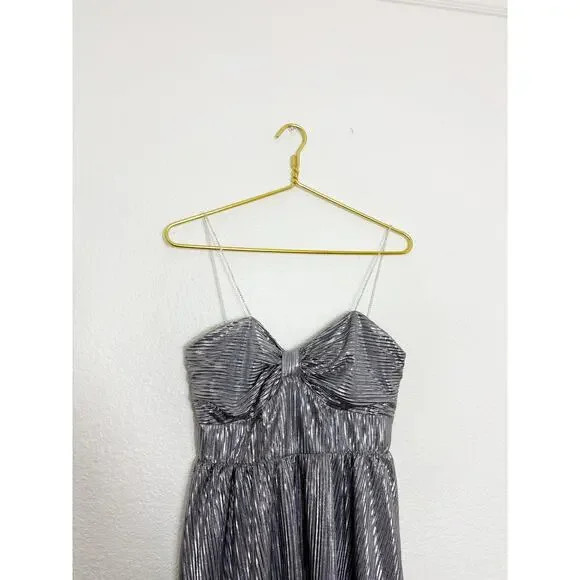 Lovers + Friends Tanya Midi Dress Silver Small Metallic Pleated Rhinestone Strap - Picture 4 of 14